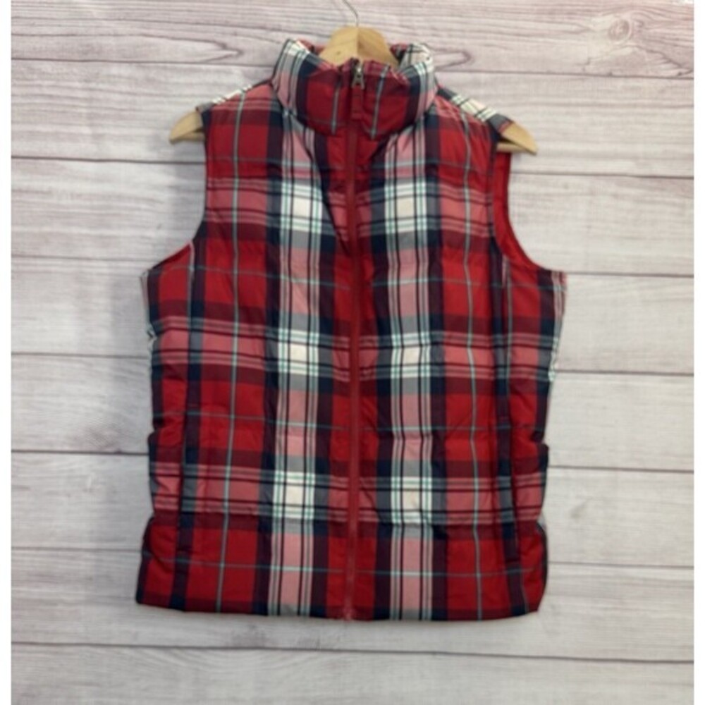 Lands End Down Puffer Vest Women SZ SMALL Full Zip Red Plaid Outdoors Nature